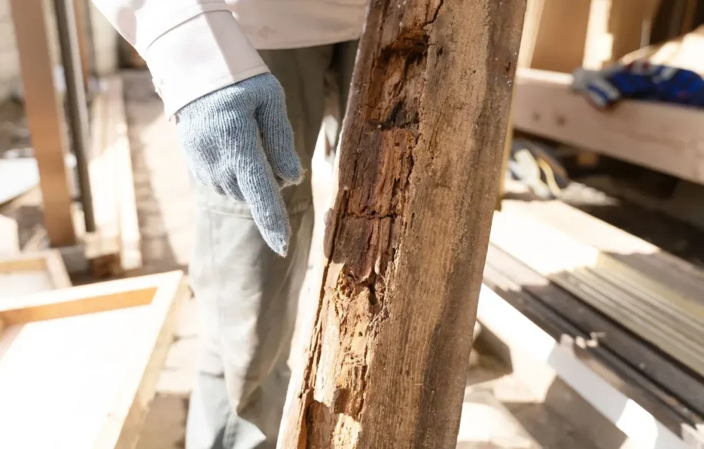 Gloved hand pointing at a severely rotted wooden beam, indicating damage during inspection