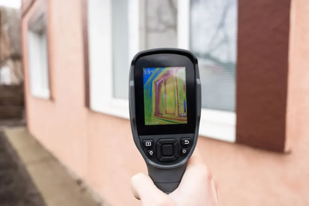 A hand holding a thermal imaging camera pointed at a house wall, showing heat variations on the screen