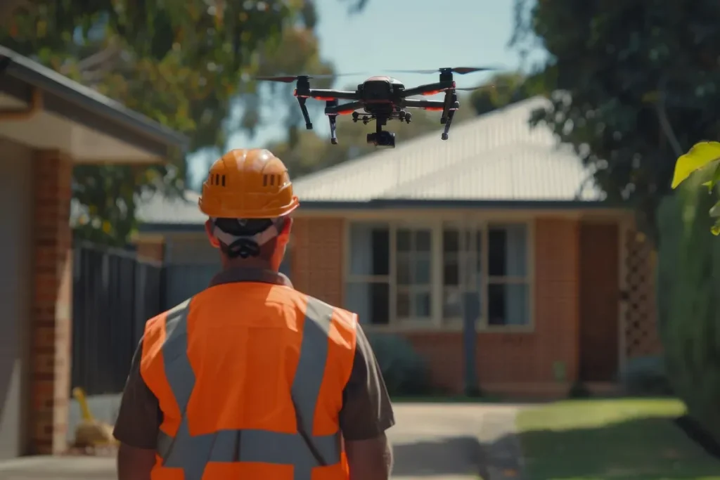 Home inspector in a hard hat and safety vest watching a drone fly over a house