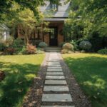 A well-maintained brick house with a neatly landscaped front yard and a stone path leading to the front door