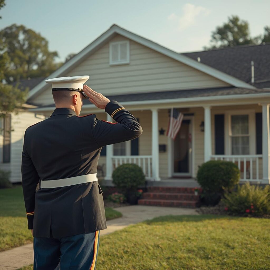 radon testing — Military service member in dress uniform saluting a house, symbolizing Valor Property Inspections' veteran-ow