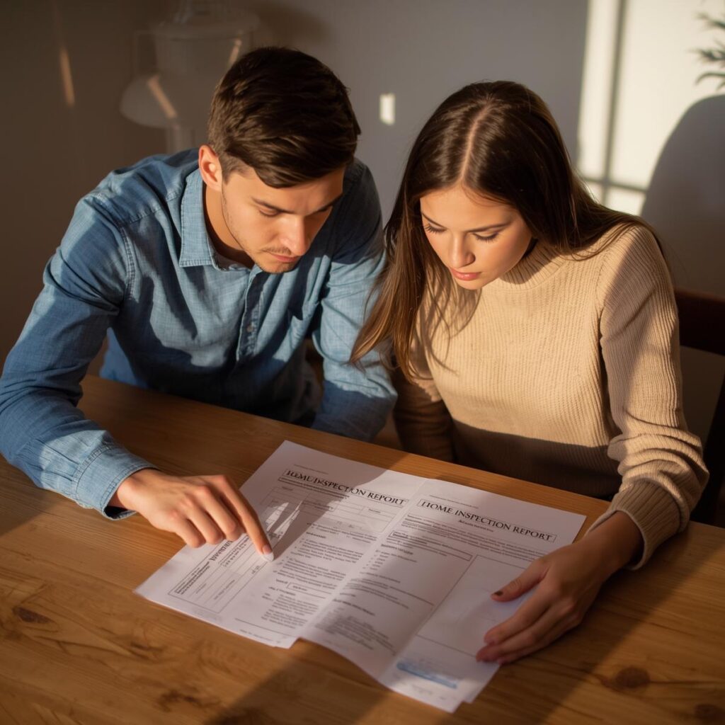 Young couple reviewing a home inspection report at a table, discussing property details