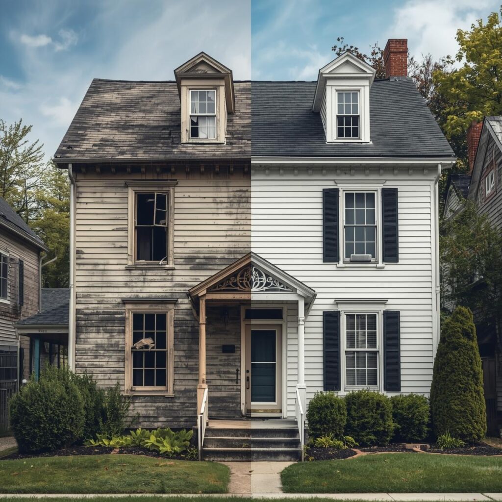 Split image of a house, one side showing distressed siding and roof, the other side showing a renovated exterior