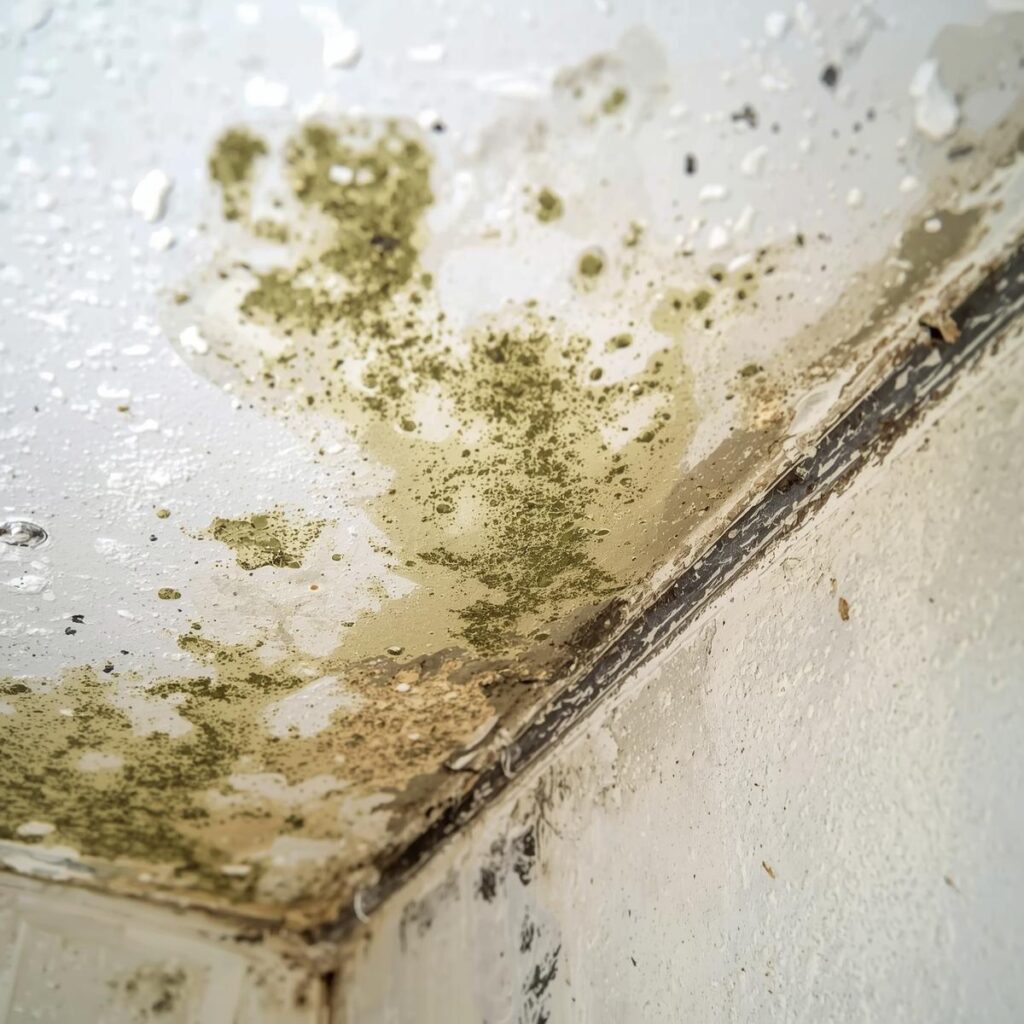 Green mold growth and water damage on a white ceiling, indicating a property issue
