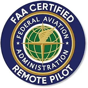 FAA Certified Federal Aviation Administration Remote Pilot logo, a blue seal with a globe and compass rose