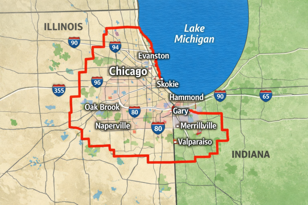 Map showing the service area for Valor Property Inspections, including Chicagoland and Northwest Indiana