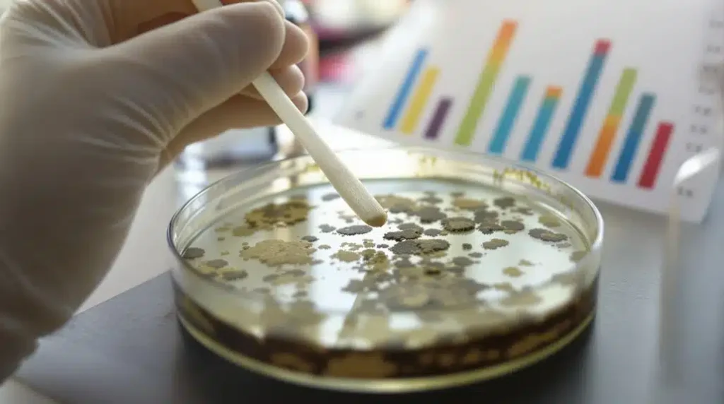 Gloved hand using a swab to collect a sample from mold growth in a petri dish