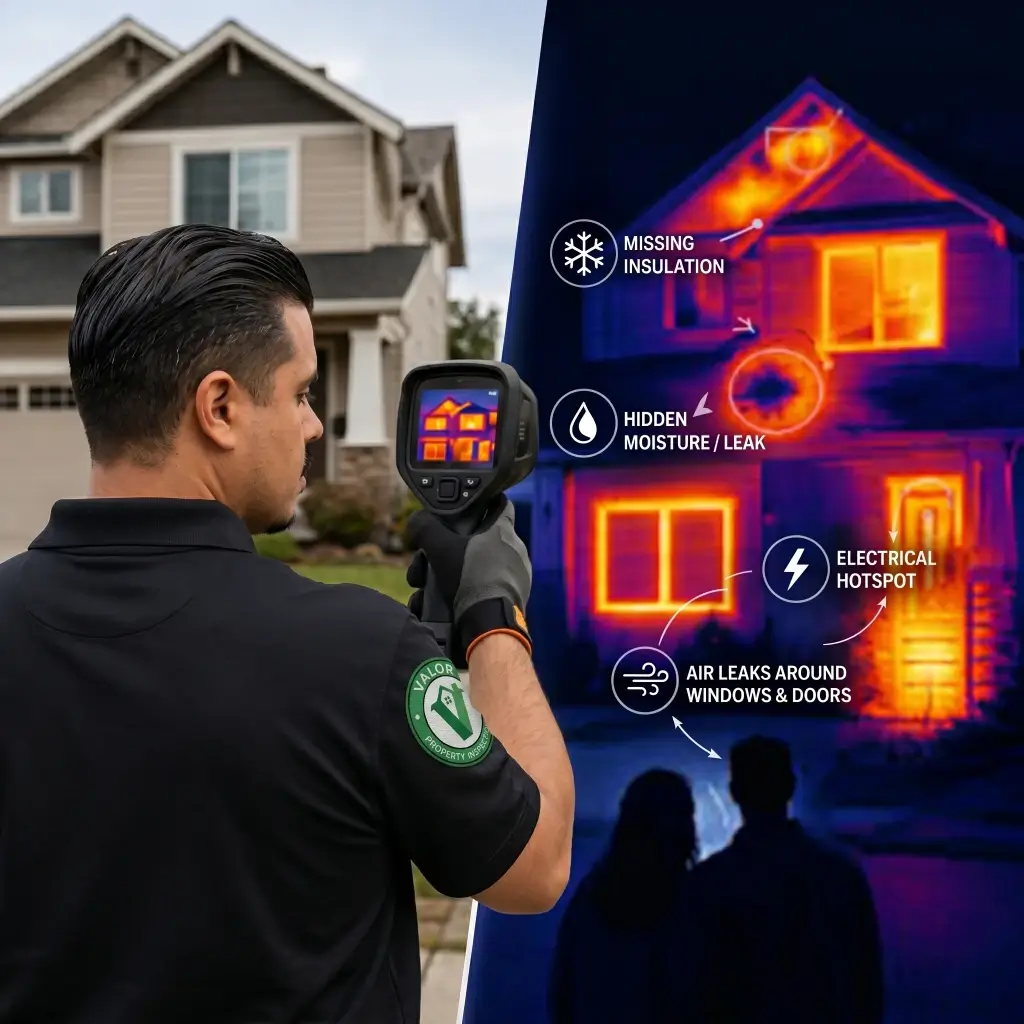 Inspector using a thermal camera on a house, with an infrared overlay showing missing insulation and leaks