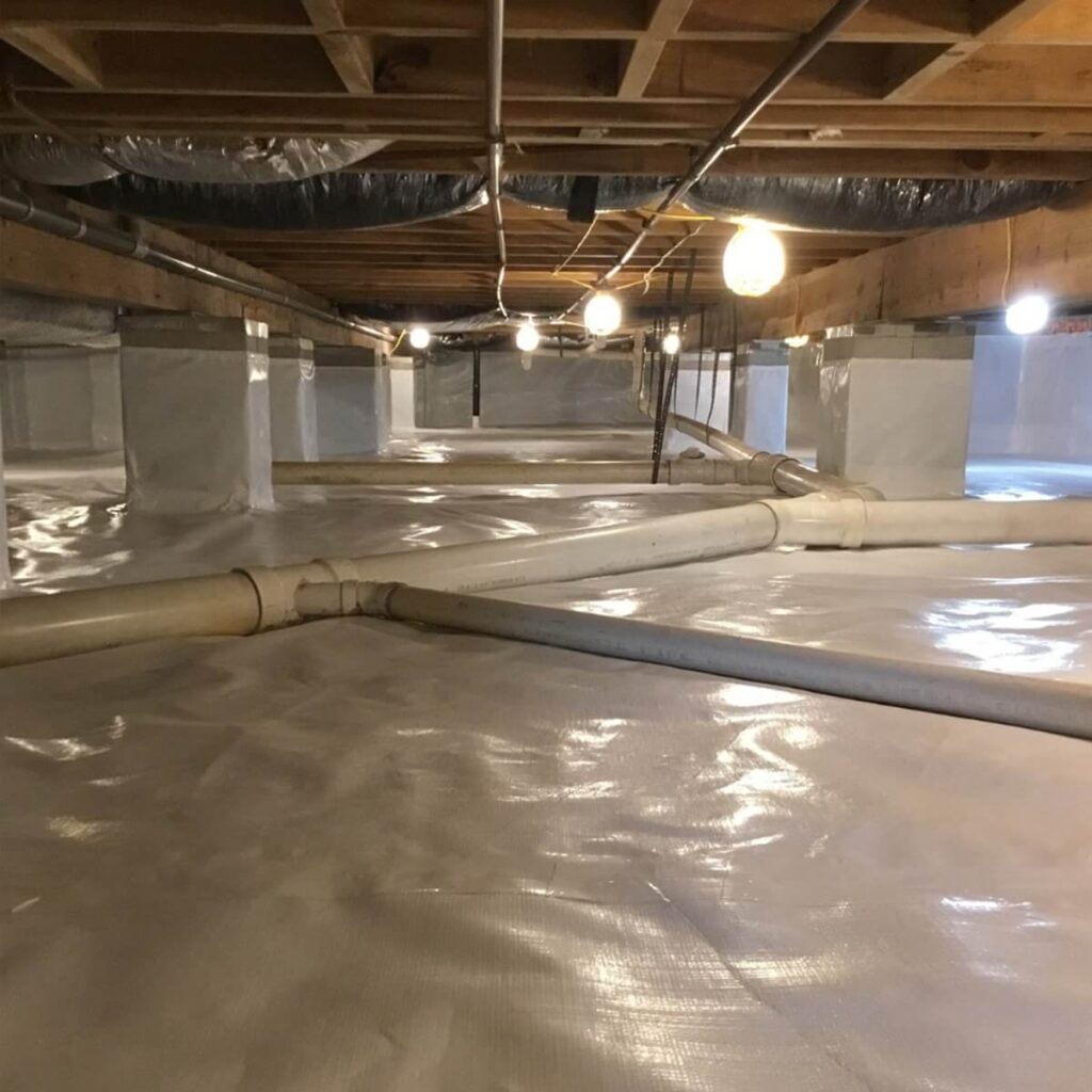 Clean crawl space with white vapor barrier, exposed wooden joists, and pipes, ready for inspection